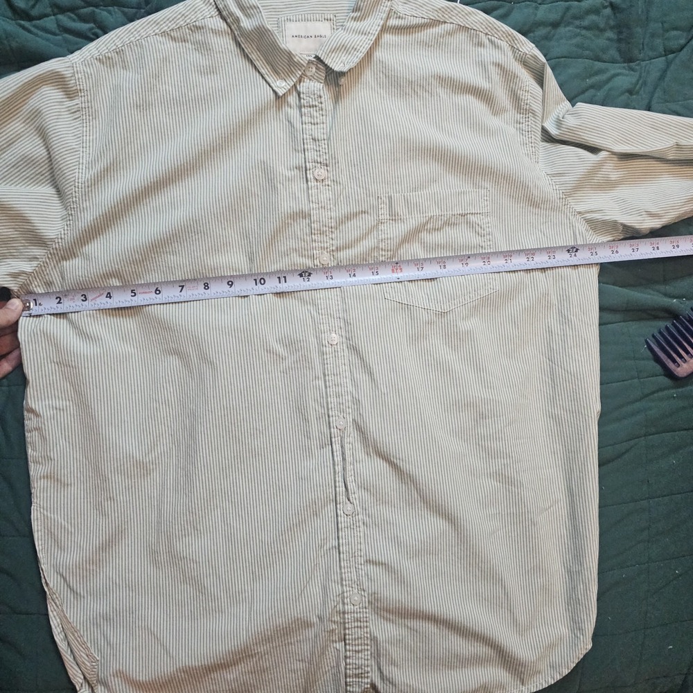 American Eagle Oversized Striped Sage Green Button up Shirt Large Resort Cotton - Picture 10 of 11